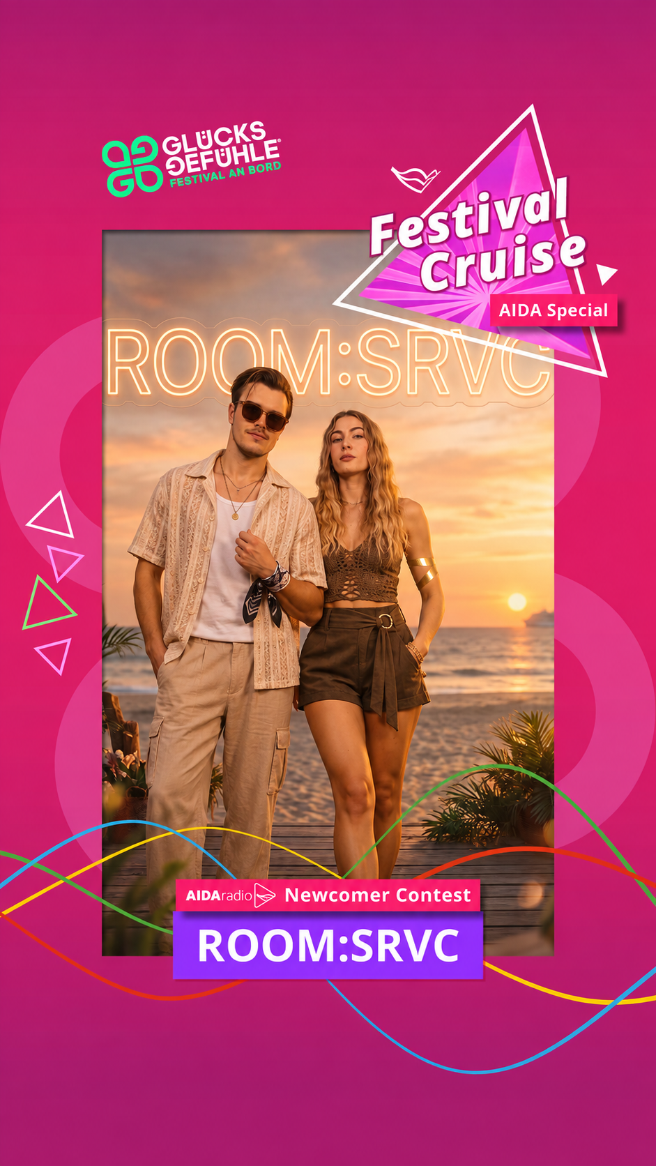 AIDA Festival Cruise Newcomer Contest poster featuring ROOM:SRVC DJs Sascha and Olivia at sunset
