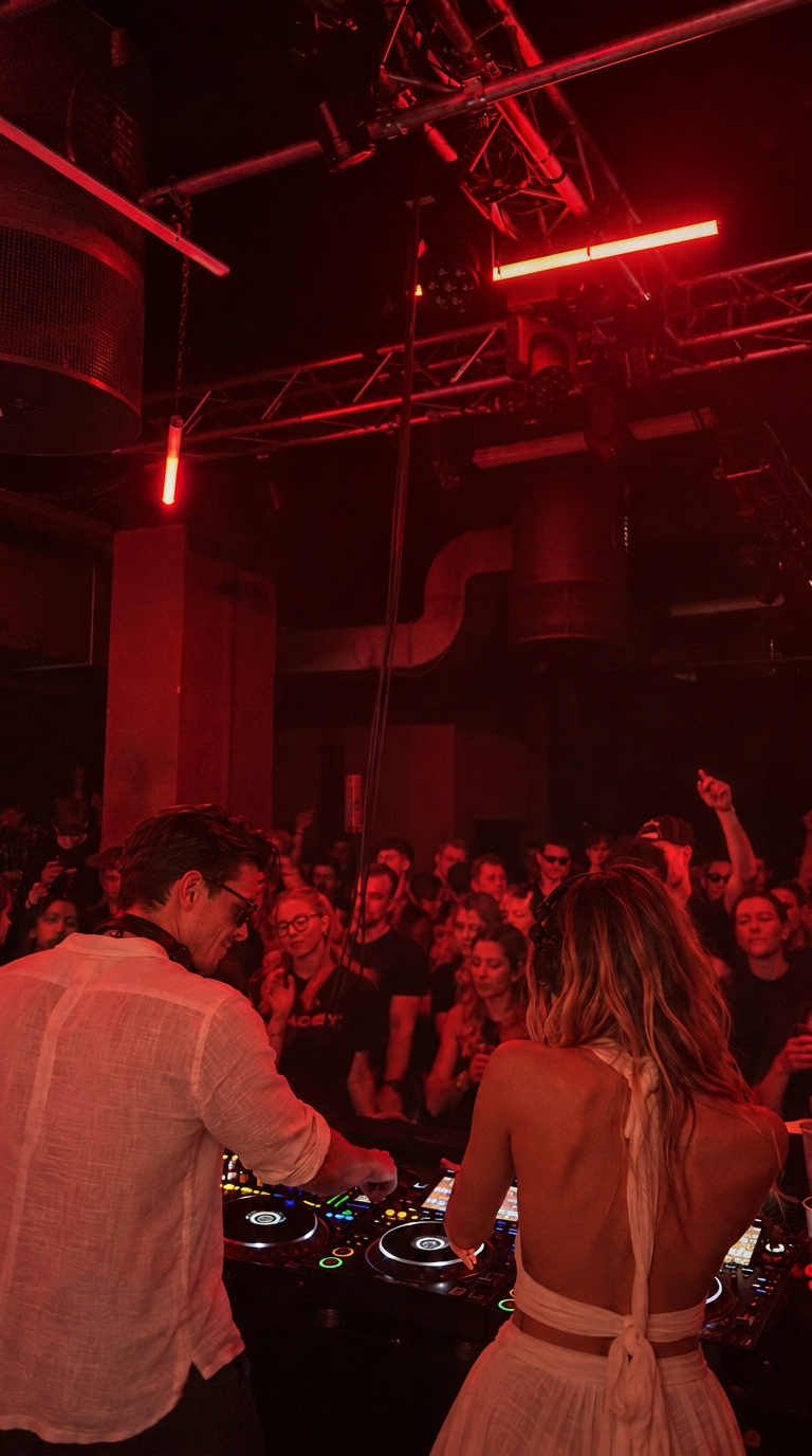 ROOM:SRVC DJ duo Sascha and Olivia playing an after-dark club set under red lights