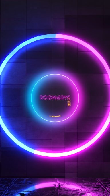 ROOM:SRVC neon logo glowing in purple and blue circle