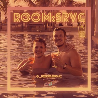 ROOM:SRVC DJ duo in pool with golden Ibiza logo